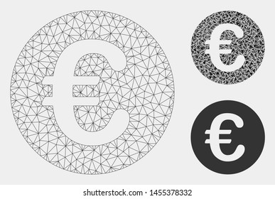 Mesh Euro coin model with triangle mosaic icon. Wire carcass polygonal mesh of Euro coin. Vector mosaic of triangle elements in various sizes and color tinges. Abstract 2d mesh Euro coin,