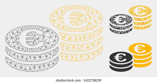Mesh Euro coin stacks model with triangle mosaic icon. Wire carcass triangular mesh of Euro coin stacks. Vector mosaic of triangles in various sizes and color tones. Abstract 2d mesh Euro coin stacks,