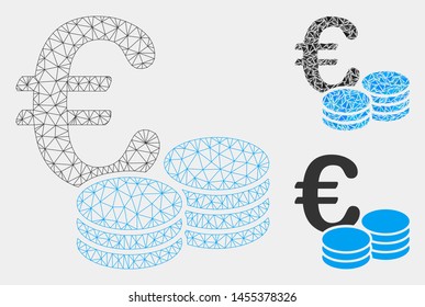 Mesh Euro coin stacks model with triangle mosaic icon. Wire frame polygonal mesh of Euro coin stacks. Vector mosaic of triangle parts in different sizes and color tints.