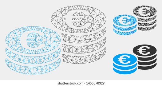 Mesh Euro coin stacks model with triangle mosaic icon. Wire frame polygonal mesh of Euro coin stacks. Vector mosaic of triangle elements in various sizes and color tints.