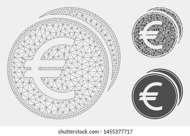 Mesh Euro coins model with triangle mosaic icon. Wire carcass triangular mesh of Euro coins. Vector mosaic of triangle elements in different sizes and color hues. Abstract flat mesh Euro coins,