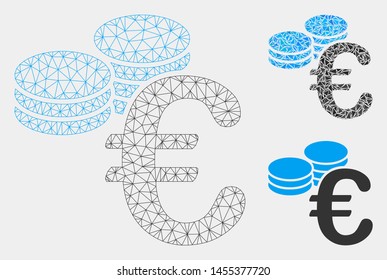 Mesh Euro coins model with triangle mosaic icon. Wire frame polygonal mesh of Euro coins. Vector mosaic of triangle elements in different sizes and color shades. Abstract flat mesh Euro coins,