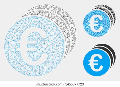 Mesh Euro coins model with triangle mosaic icon. Wire carcass polygonal mesh of Euro coins. Vector mosaic of triangle parts in variable sizes and color hues. Abstract flat mesh Euro coins,