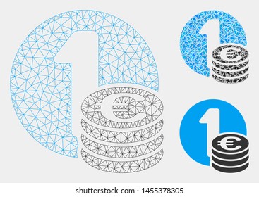 Mesh Euro coins model with triangle mosaic icon. Wire carcass triangular mesh of Euro coins. Vector composition of triangle parts in variable sizes and color tones. Abstract 2d mesh Euro coins,