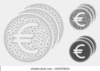 Mesh Euro coins model with triangle mosaic icon. Wire carcass triangular mesh of Euro coins. Vector mosaic of triangle parts in variable sizes and color tones. Abstract flat mesh Euro coins,