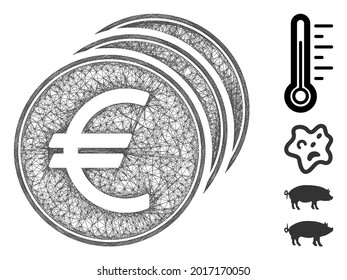 Mesh Euro coins web 2d vector illustration. Carcass model is based on Euro coins flat icon. Net forms abstract Euro coins flat model. wireframe 2D web network isolated on a white background.