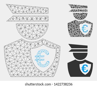 Mesh Euro commissioner model with triangle mosaic icon. Wire frame triangular mesh of Euro commissioner. Vector mosaic of triangle elements in different sizes and color tinges.