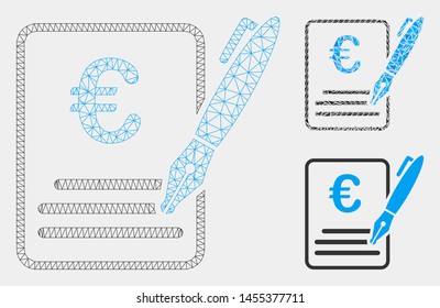 Mesh Euro contract signature model with triangle mosaic icon. Wire carcass triangular mesh of Euro contract signature. Vector composition of triangles in different sizes and color hues.