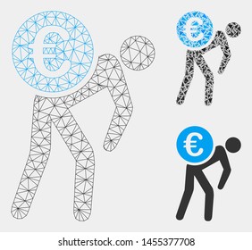 Mesh Euro courier model with triangle mosaic icon. Wire carcass triangular mesh of Euro courier. Vector mosaic of triangle parts in different sizes and color shades. Abstract 2d mesh Euro courier,
