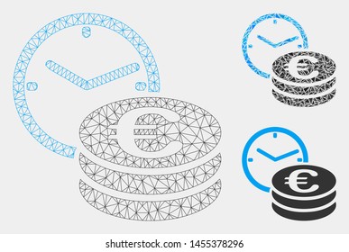 Mesh Euro credit model with triangle mosaic icon. Wire carcass triangular mesh of Euro credit. Vector mosaic of triangles in various sizes and color tints. Abstract 2d mesh Euro credit,