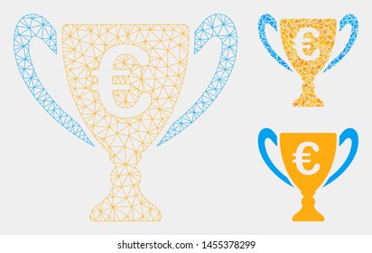 Mesh Euro cup model with triangle mosaic icon. Wire frame polygonal network of Euro cup. Vector composition of triangle parts in variable sizes and color shades. Abstract 2d mesh Euro cup,