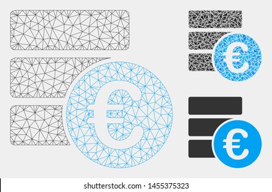 Mesh Euro database model with triangle mosaic icon. Wire carcass polygonal network of Euro database. Vector mosaic of triangle parts in variable sizes and color tinges.