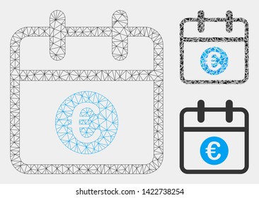 Mesh Euro day model with triangle mosaic icon. Wire frame triangular mesh of Euro day. Vector mosaic of triangle parts in variable sizes and color hues. Abstract flat mesh Euro day,