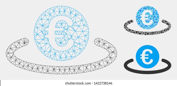 Mesh Euro deposit model with triangle mosaic icon. Wire frame polygonal mesh of Euro deposit. Vector mosaic of triangle parts in different sizes and color tinges. Abstract 2d mesh Euro deposit,