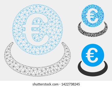Mesh Euro deposit model with triangle mosaic icon. Wire carcass polygonal mesh of Euro deposit. Vector mosaic of triangles in variable sizes and color tints. Abstract 2d mesh Euro deposit,