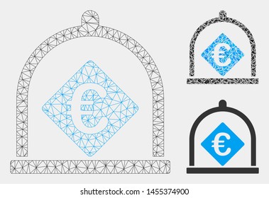 Mesh Euro deposit model with triangle mosaic icon. Wire frame polygonal mesh of Euro deposit. Vector composition of triangle parts in various sizes and color tints. Abstract 2d mesh Euro deposit,