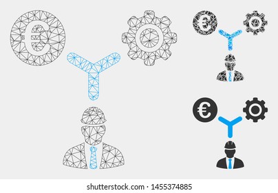 Mesh Euro development relations model with triangle mosaic icon. Wire carcass polygonal mesh of Euro development relations. Vector mosaic of triangles in various sizes and color tones.