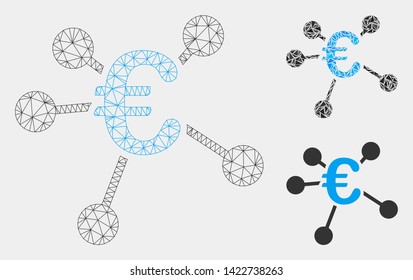 Mesh Euro distribution model with triangle mosaic icon. Wire frame polygonal mesh of Euro distribution. Vector mosaic of triangle elements in different sizes and color hues.