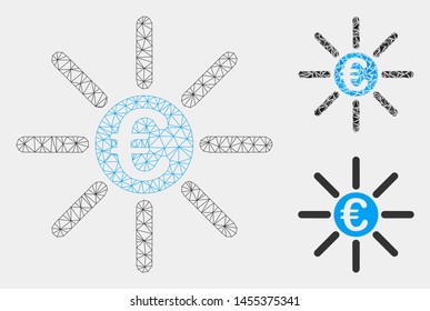 Mesh Euro distribution model with triangle mosaic icon. Wire carcass polygonal mesh of Euro distribution. Vector mosaic of triangle parts in different sizes and color tinges.