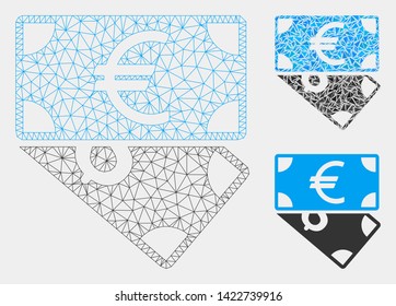 Mesh Euro and Dollar banknotes model with triangle mosaic icon. Wire frame triangular network of Euro and Dollar banknotes. Vector mosaic of triangle elements in variable sizes and color hues.