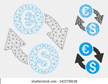 Mesh Euro Dollar change model with triangle mosaic icon. Wire frame polygonal network of Euro Dollar change. Vector mosaic of triangle elements in variable sizes and color tones.