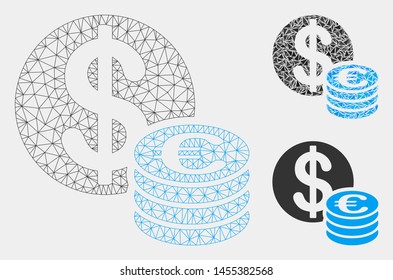 Mesh Euro and Dollar coins model with triangle mosaic icon. Wire carcass polygonal mesh of Euro and Dollar coins. Vector composition of triangle elements in various sizes and color tinges.