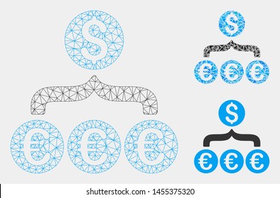 Mesh Euro Dollar conversion aggregator model with triangle mosaic icon. Wire frame polygonal mesh of Euro Dollar conversion aggregator.