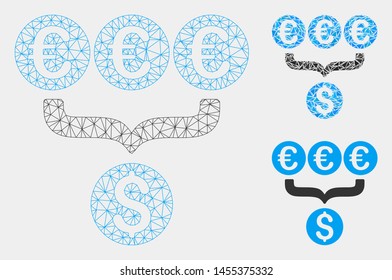 Mesh Euro Dollar conversion aggregator model with triangle mosaic icon. Wire carcass triangular mesh of Euro Dollar conversion aggregator.