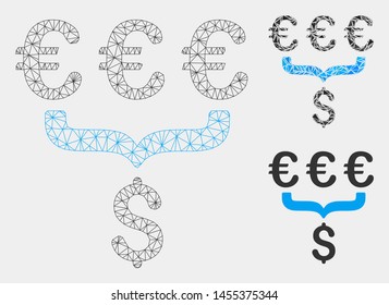 Mesh Euro Dollar conversion aggregator model with triangle mosaic icon. Wire frame polygonal mesh of Euro Dollar conversion aggregator. Vector collage of triangles in various sizes and color tints.