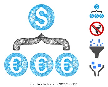 Mesh Euro Dollar conversion aggregator web 2d vector illustration. Carcass model is based on Euro Dollar conversion aggregator flat icon.