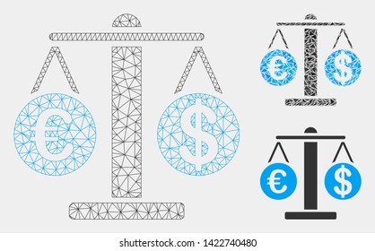 Mesh Euro and Dollar scales model with triangle mosaic icon. Wire carcass triangular mesh of Euro and Dollar scales. Vector mosaic of triangles in variable sizes and color hues.