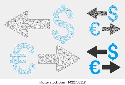 Mesh Euro Dollar transactions model with triangle mosaic icon. Wire frame triangular mesh of Euro Dollar transactions. Vector mosaic of triangles in various sizes and color tones.
