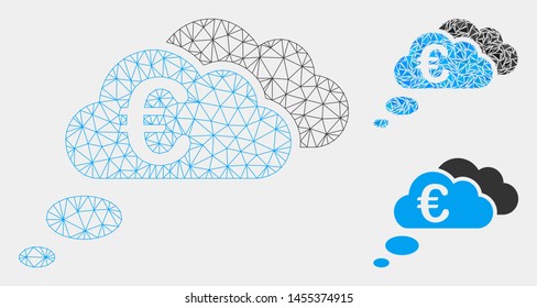 Mesh Euro dream clouds model with triangle mosaic icon. Wire carcass polygonal mesh of Euro dream clouds. Vector composition of triangle elements in various sizes and color hues.