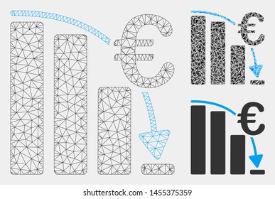 Mesh Euro epic fail crisis model with triangle mosaic icon. Wire frame triangular mesh of Euro epic fail crisis. Vector mosaic of triangle elements in different sizes and color tints.