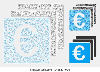 Mesh Euro finances model with triangle mosaic icon. Wire carcass triangular mesh of Euro finances. Vector collage of triangle parts in variable sizes and color hues. Abstract 2d mesh Euro finances,