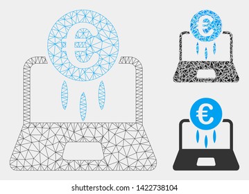 Mesh Euro financial startup model with triangle mosaic icon. Wire frame triangular mesh of Euro financial startup. Vector mosaic of triangle parts in variable sizes and color shades.