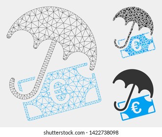 Mesh Euro financial umbrella model with triangle mosaic icon. Wire frame polygonal mesh of Euro financial umbrella. Vector collage of triangles in various sizes and color shades.