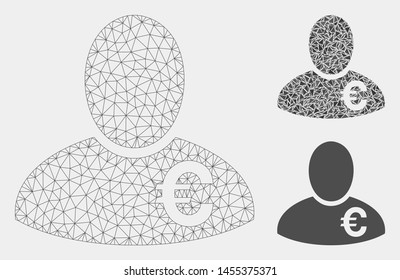 Mesh Euro financier model with triangle mosaic icon. Wire frame triangular network of Euro financier. Vector mosaic of triangle elements in various sizes and color tinges.
