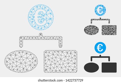Mesh Euro flow chart model with triangle mosaic icon. Wire frame triangular mesh of Euro flow chart. Vector mosaic of triangle elements in various sizes and color hues.