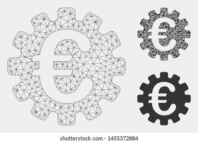 Mesh Euro gear model with triangle mosaic icon. Wire frame polygonal mesh of Euro gear. Vector mosaic of triangle parts in different sizes and color shades. Abstract 2d mesh Euro gear,