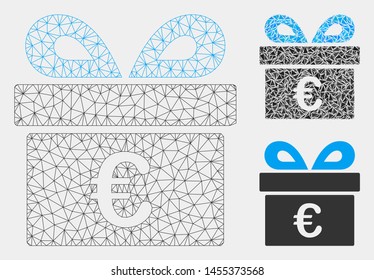 Mesh Euro gift model with triangle mosaic icon. Wire carcass triangular mesh of Euro gift. Vector composition of triangle parts in different sizes and color hues. Abstract flat mesh Euro gift,