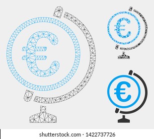 Mesh Euro globe model with triangle mosaic icon. Wire frame polygonal mesh of Euro globe. Vector mosaic of triangle parts in various sizes and color shades. Abstract flat mesh Euro globe,