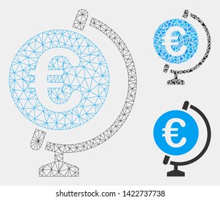 Mesh Euro globe model with triangle mosaic icon. Wire frame polygonal network of Euro globe. Vector mosaic of triangle parts in different sizes and color tints. Abstract 2d mesh Euro globe,