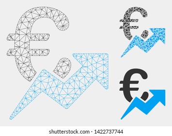 Mesh Euro growth model with triangle mosaic icon. Wire frame polygonal mesh of Euro growth. Vector mosaic of triangles in variable sizes and color tones. Abstract flat mesh Euro growth,