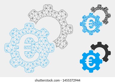 Mesh Euro industrial model with triangle mosaic icon. Wire carcass triangular mesh of Euro industrial. Vector composition of triangle parts in different sizes and color tones.