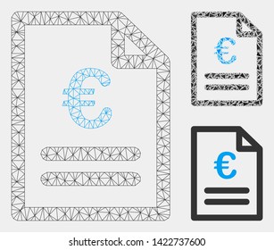 Mesh Euro invoice model with triangle mosaic icon. Wire carcass triangular network of Euro invoice. Vector mosaic of triangle parts in various sizes and color shades. Abstract flat mesh Euro invoice,