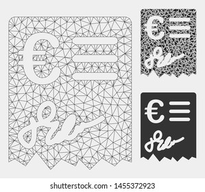 Mesh Euro invoice model with triangle mosaic icon. Wire carcass triangular mesh of Euro invoice. Vector mosaic of triangle elements in various sizes and color shades. Abstract 2d mesh Euro invoice,