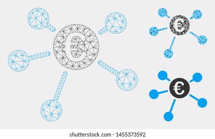 Mesh Euro links model with triangle mosaic icon. Wire carcass polygonal mesh of Euro links. Vector mosaic of triangle elements in variable sizes and color tones. Abstract 2d mesh Euro links,