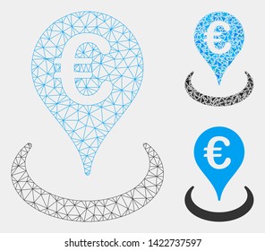 Mesh Euro location model with triangle mosaic icon. Wire carcass triangular mesh of Euro location. Vector collage of triangle elements in various sizes and color tinges.