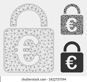 Mesh Euro lock model with triangle mosaic icon. Wire carcass polygonal mesh of Euro lock. Vector collage of triangle parts in variable sizes and color tones. Abstract flat mesh Euro lock,